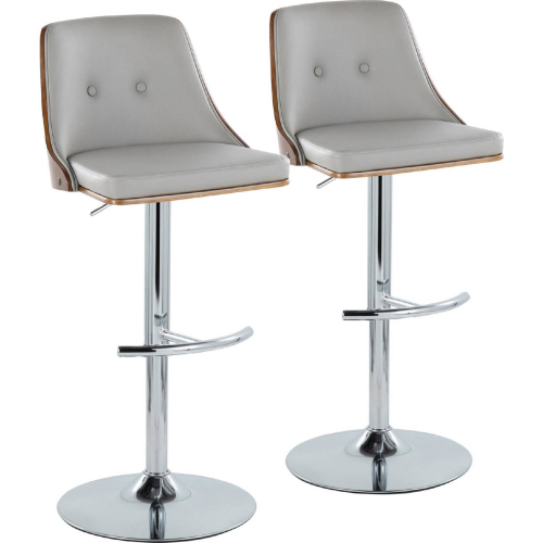 Gianna Adjustable Swivel Bar Stool in Chrome, Walnut Wood & Light Grey Leatherette (Set of 2)